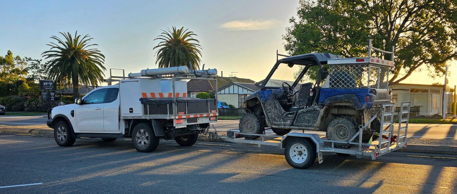 Side by side loaded on a trailer behind a ute, ready for hire